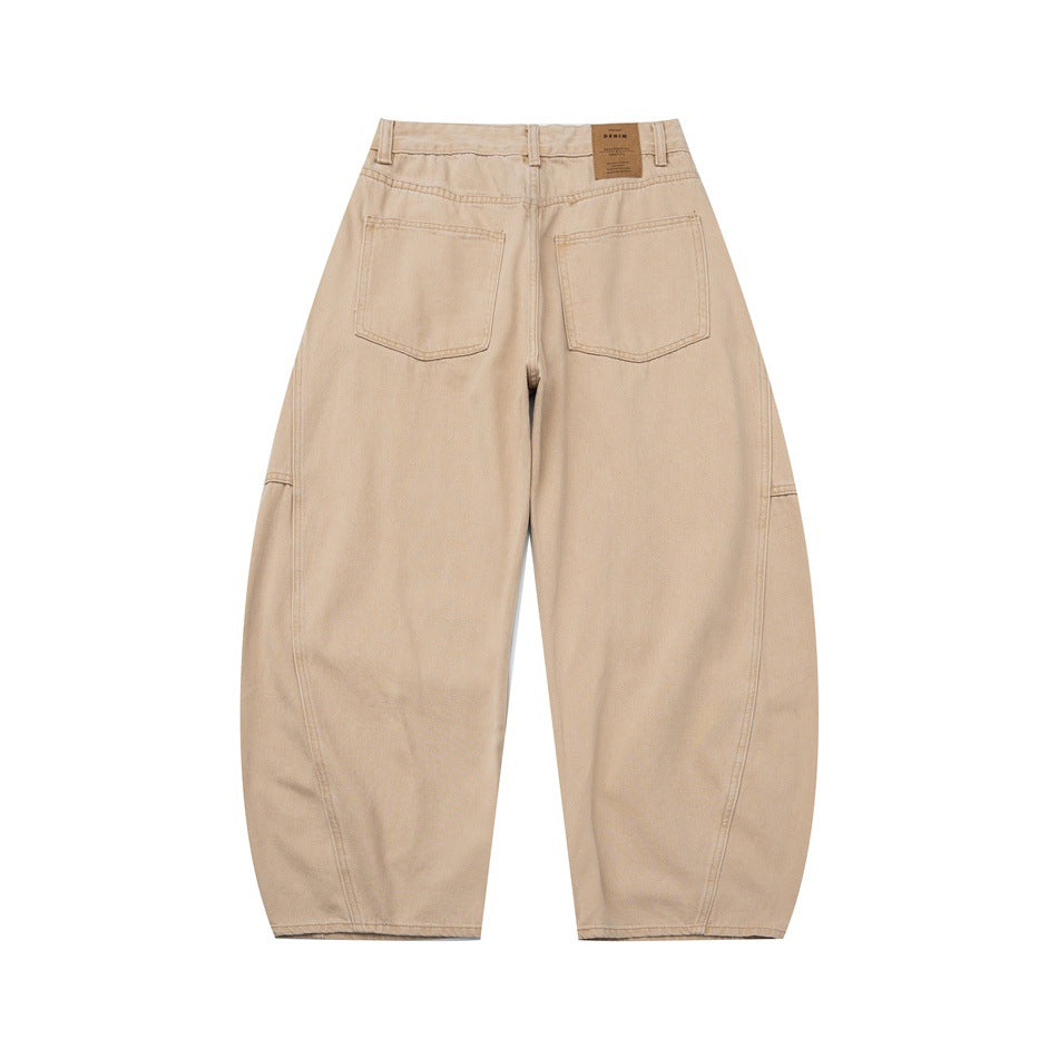 Khaki wide-leg barrel pants, back flat view with two patch pockets and a small waistband label