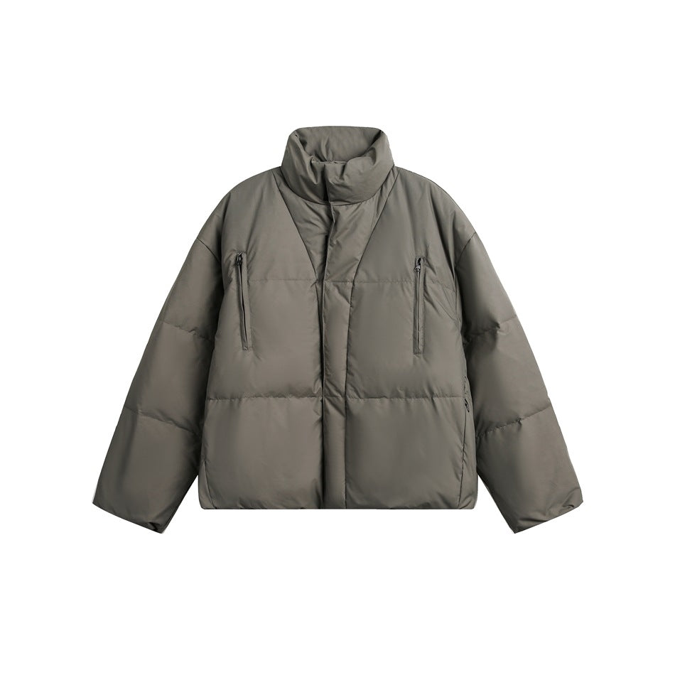 Khaki gray quilted stand-collar puffer jacket, front view, with two vertical zip chest pockets