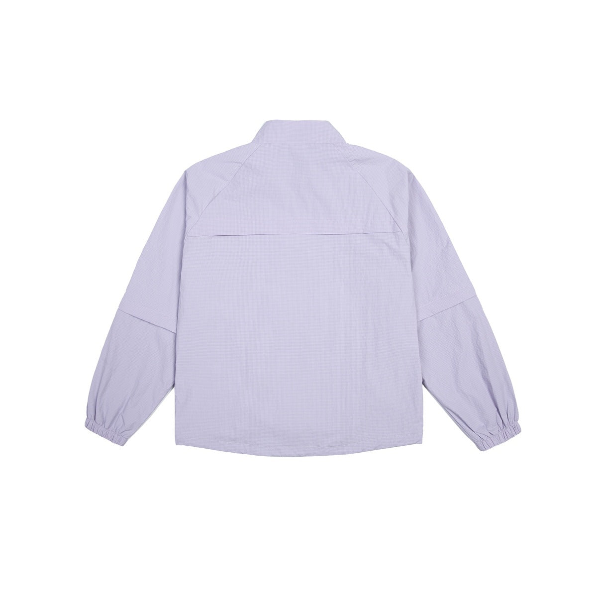 Back view of a pale lavender long-sleeve jacket with a stand collar, panel seams, and elastic cuffs.