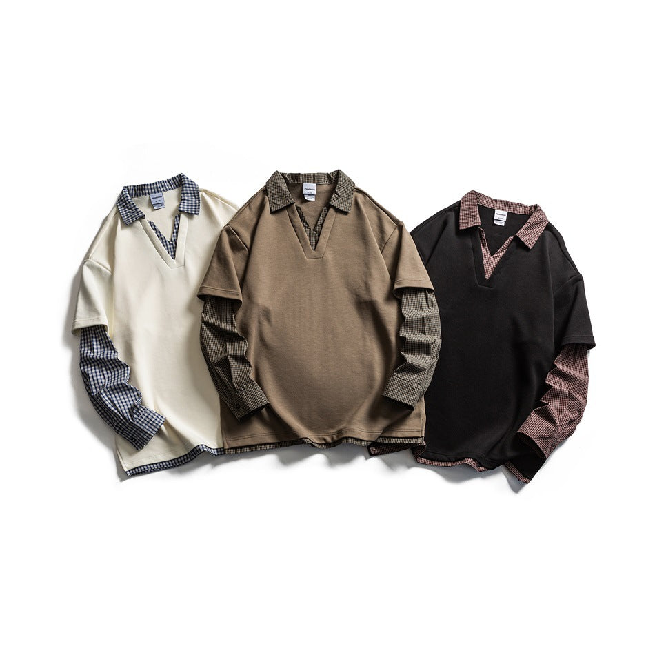 Three short-sleeve tops with plaid collars, layered long sleeves, and hems in cream, taupe, and black.