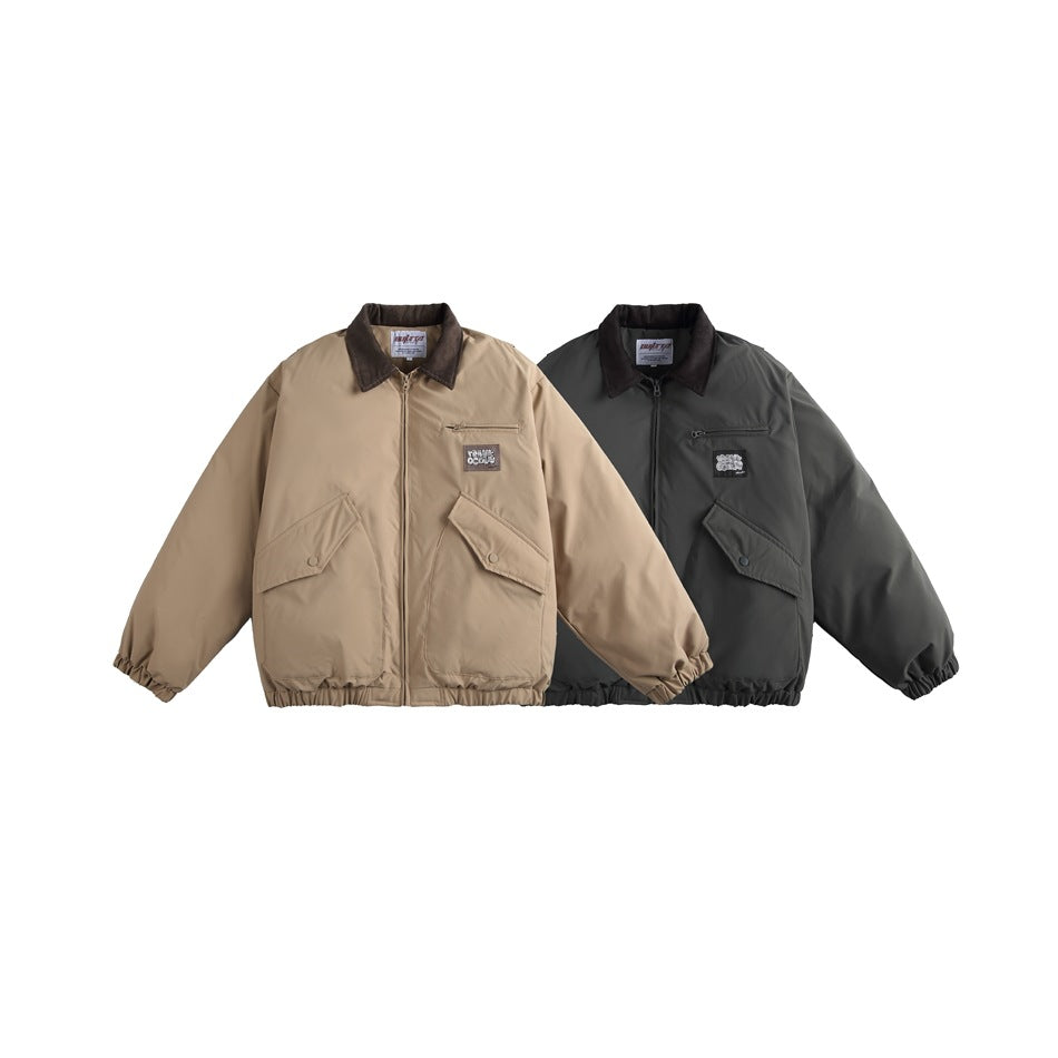 Two front views of a zip-up jacket in tan and charcoal, each with a dark collar and flap pockets.