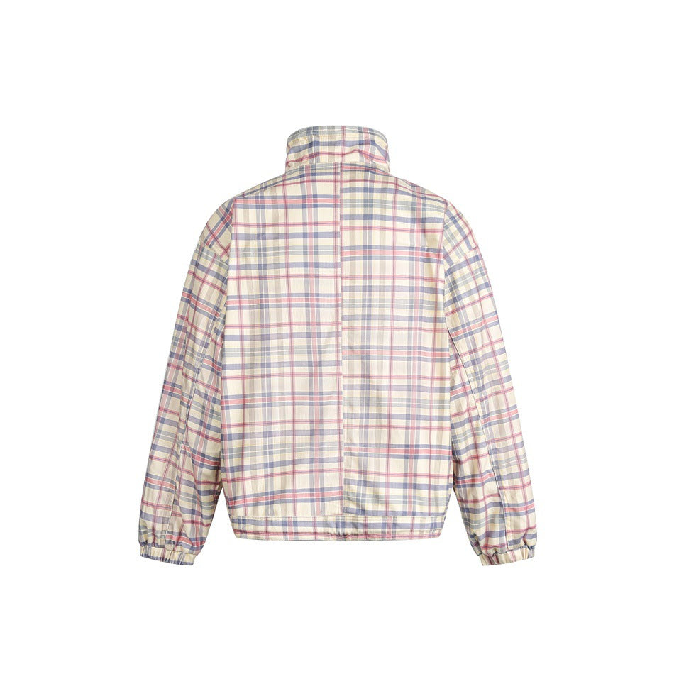 Back view of a pastel plaid jacket with a high collar, long sleeves, and elastic cuffs and hem.