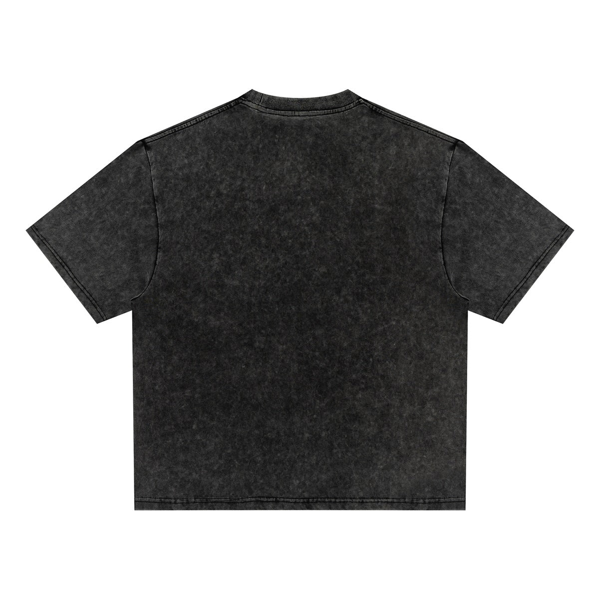 Back view of a plain short-sleeve T-shirt in mottled, washed black with a crew neck.