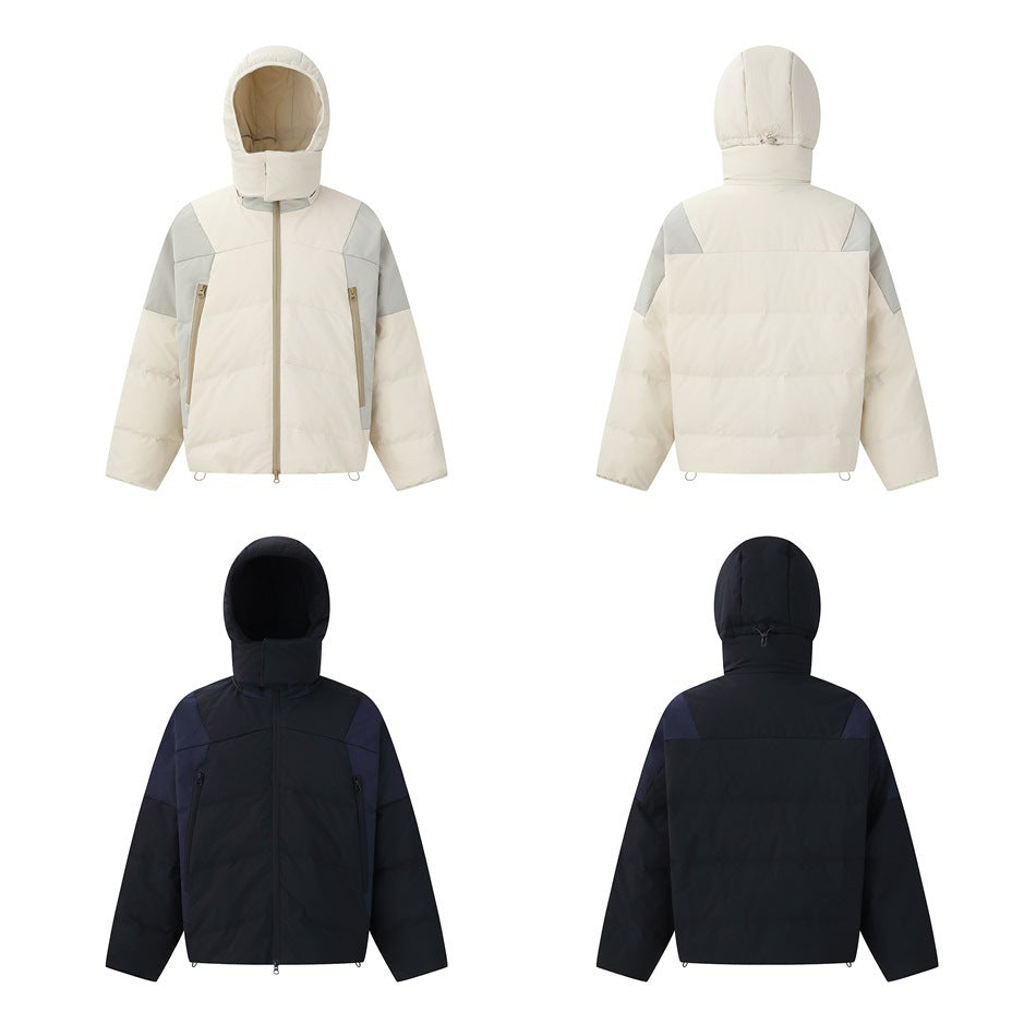 Front and back views of the cream and black hooded puffer jackets with contrast shoulder panels