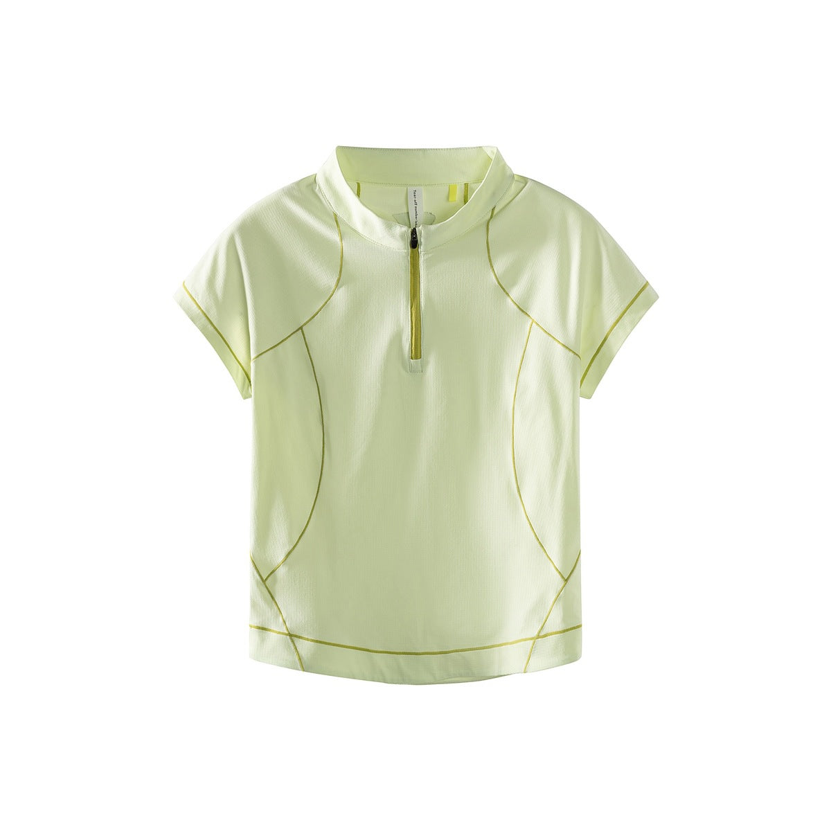 Light yellow half-zip short-sleeve top with olive-yellow contrast topstitching, flat front view