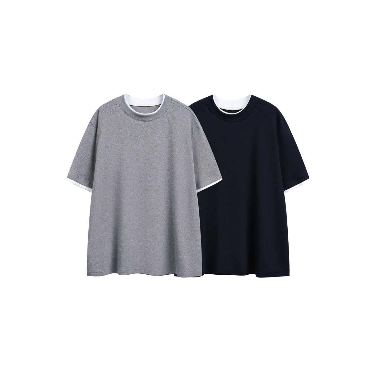 Two short-sleeve T-shirts shown side by side in heather gray and navy, both with white trim.