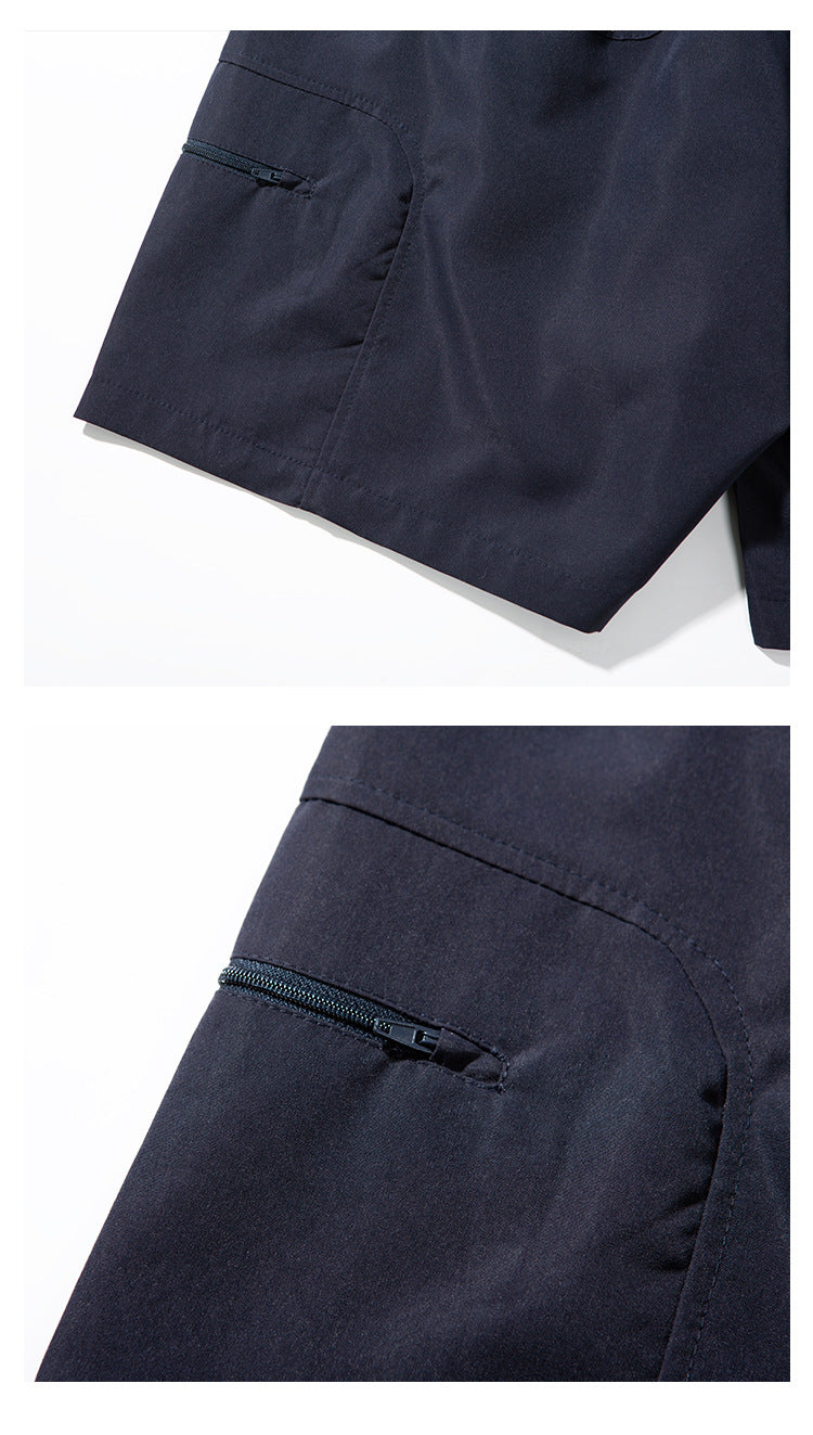 Close-ups of dark navy pants showing the leg hem and a small zippered side pocket.