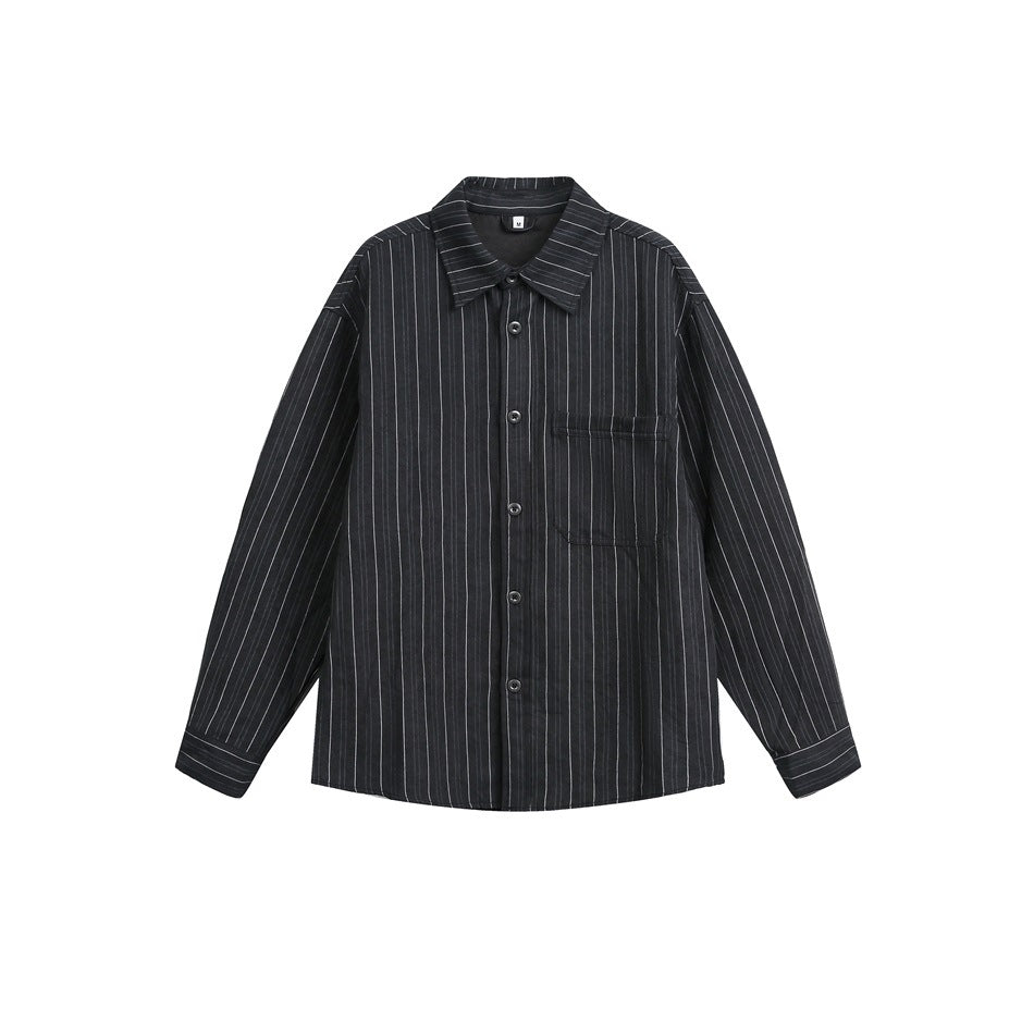 Black pinstriped long-sleeve button-up shirt, flat front view with chest pocket and pointed collar
