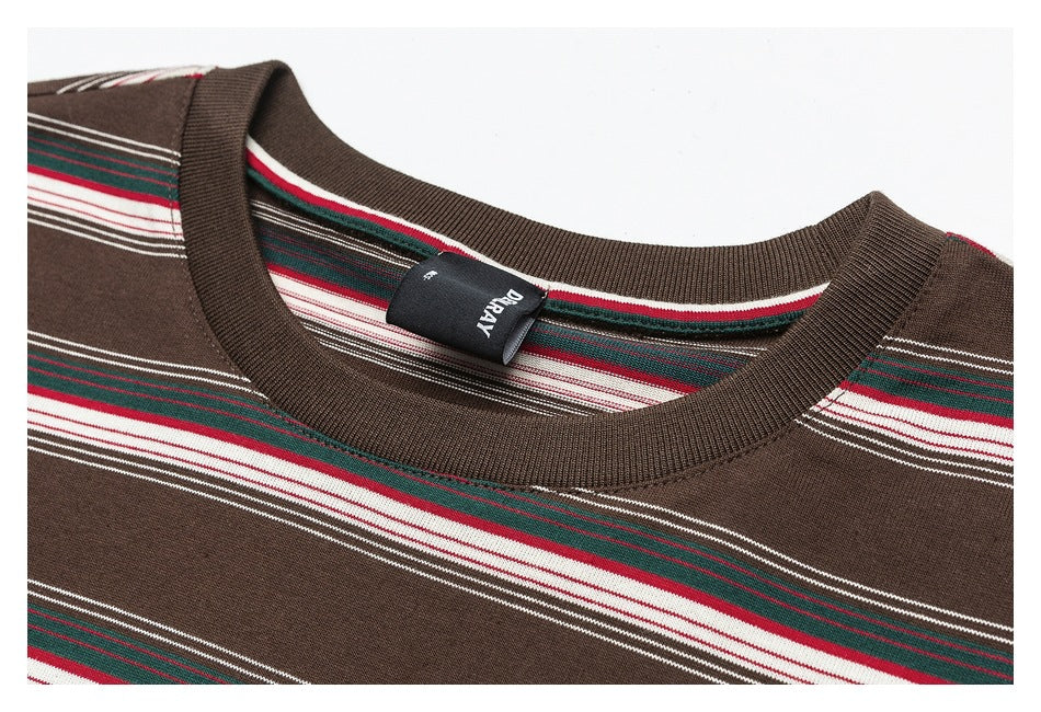 Close-up of the brown striped knit top's ribbed crew neck and inner label.