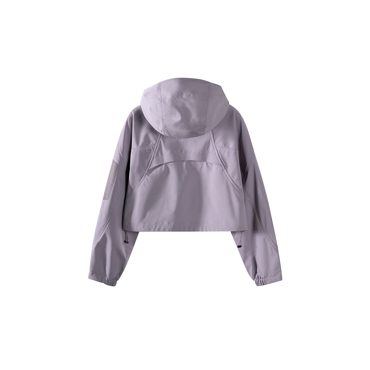 Rear view of a light lavender cropped hooded jacket with long sleeves and adjustable hem cords.