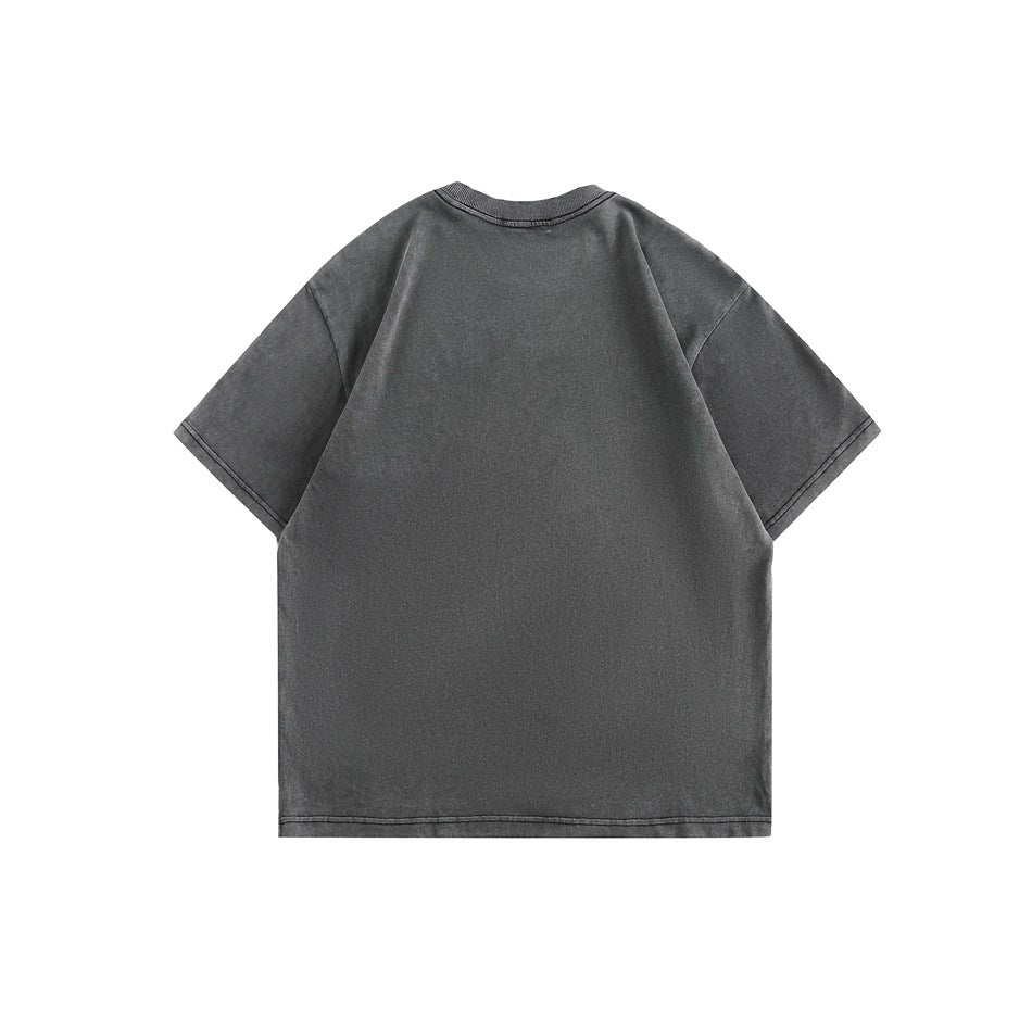 Back view of a plain charcoal gray short-sleeve T-shirt displayed flat on a white background.