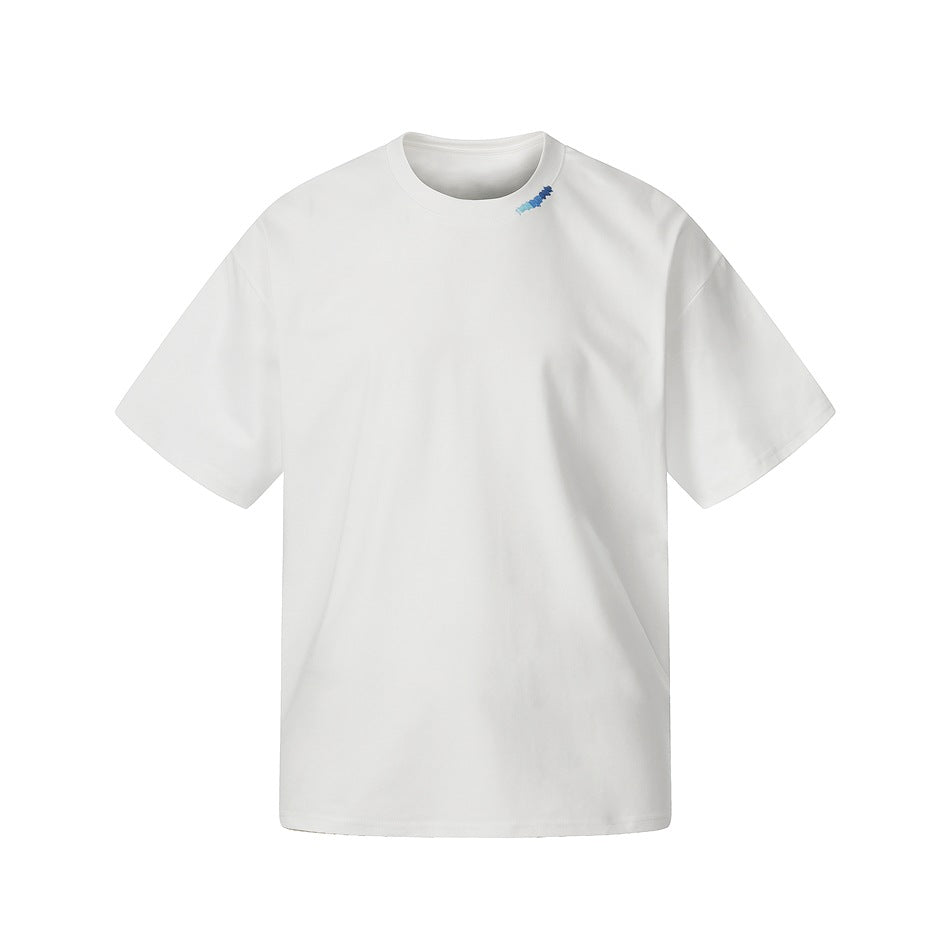 White short-sleeve crew-neck t-shirt flat front view with small blue embroidery at the collar