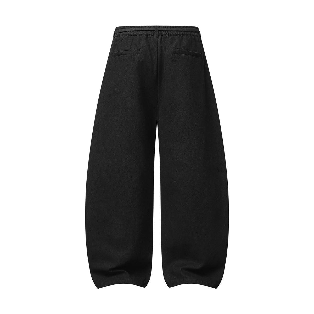 Back view of black wide-leg trousers with an elasticated waistband and two rear welt pockets.