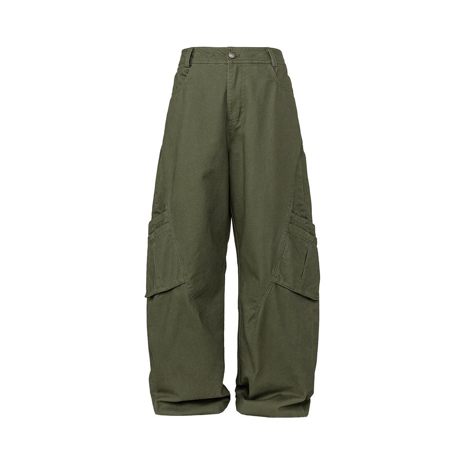 Army green wide-leg cargo pants with pleated flap pockets, flat front view on white background