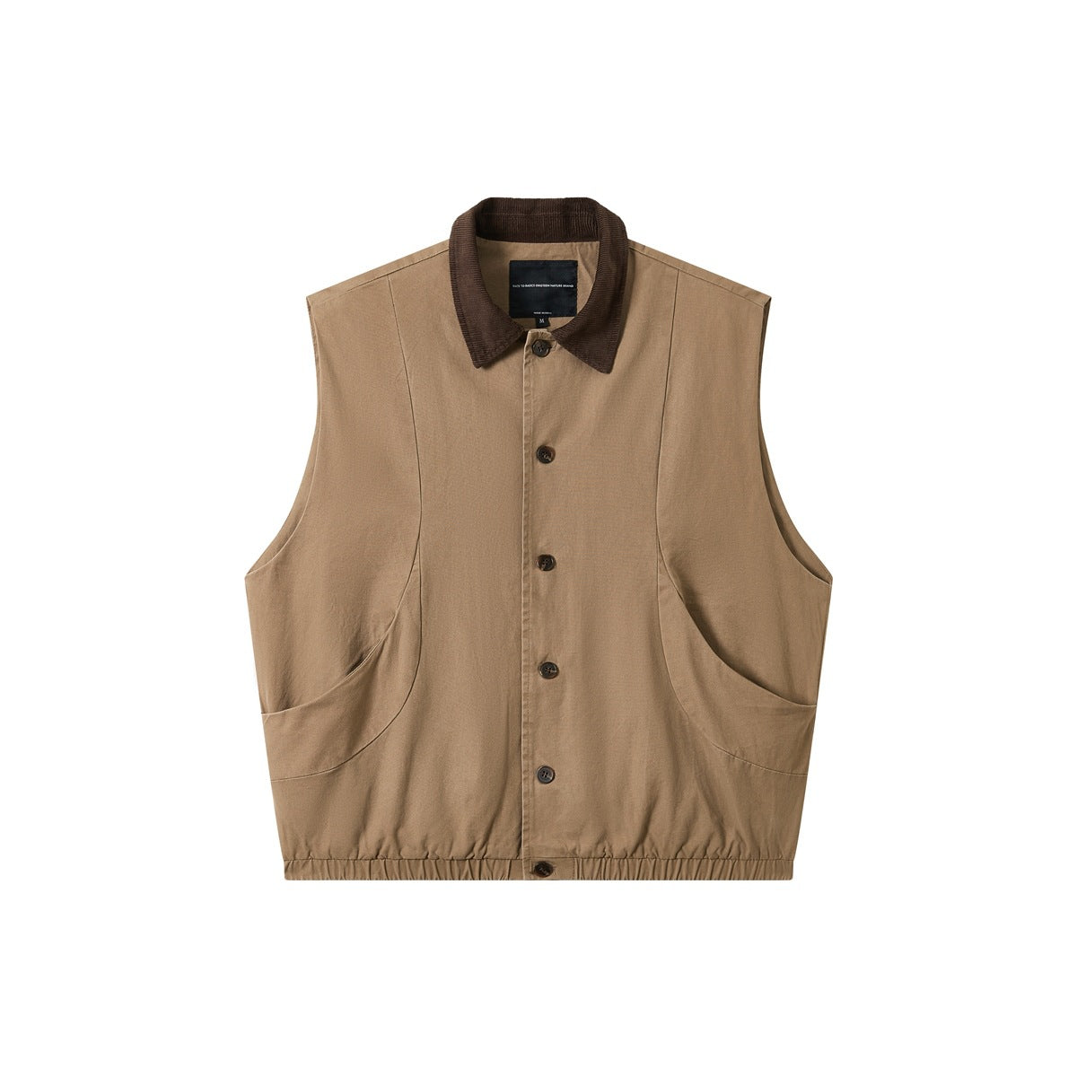 Khaki button-front sleeveless vest with brown corduroy-look collar, curved front pockets and elastic hem, flat lay
