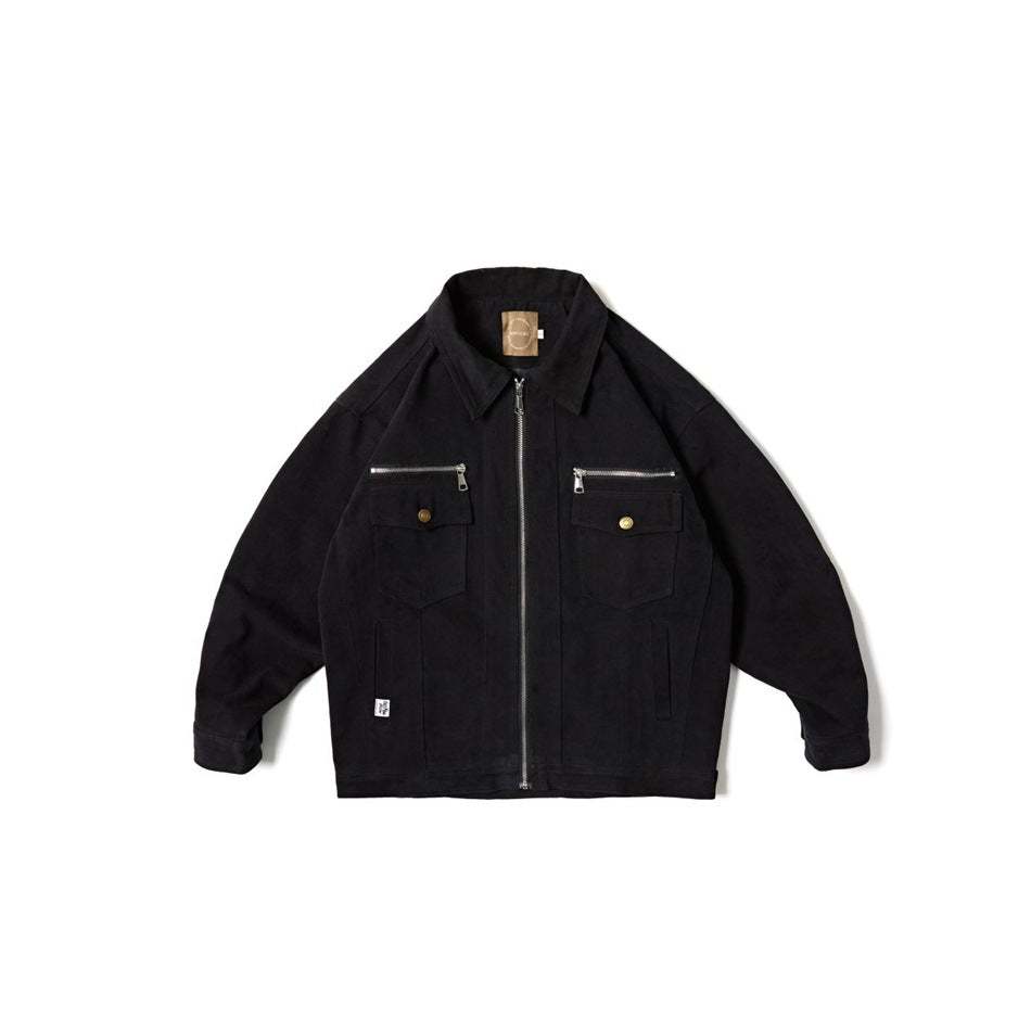 Black zip-front jacket with collar, chest flap pockets and zipper pocket openings, flat lay front view