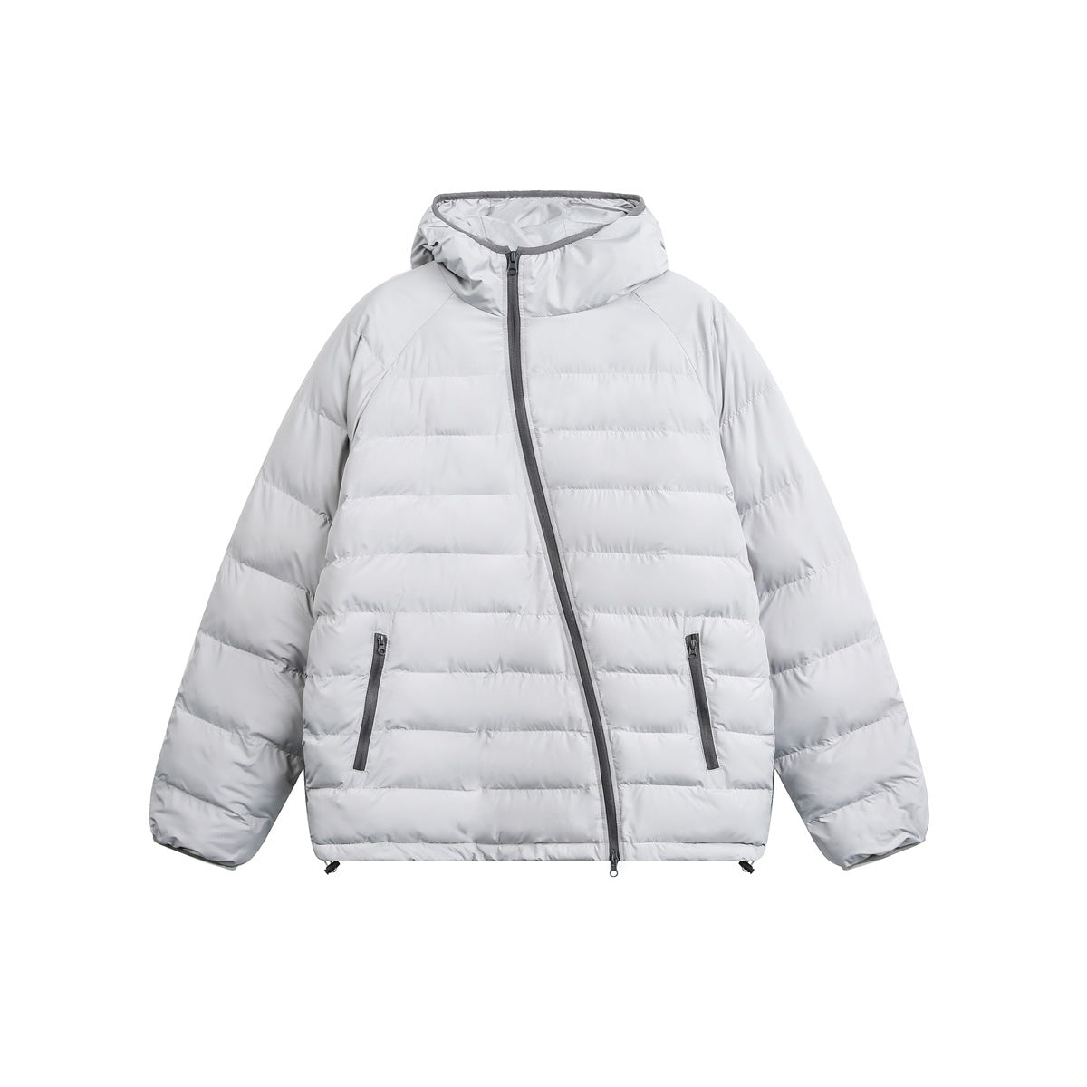 Light gray hooded quilted jacket with diagonal front zipper and dark gray trim, flat lay