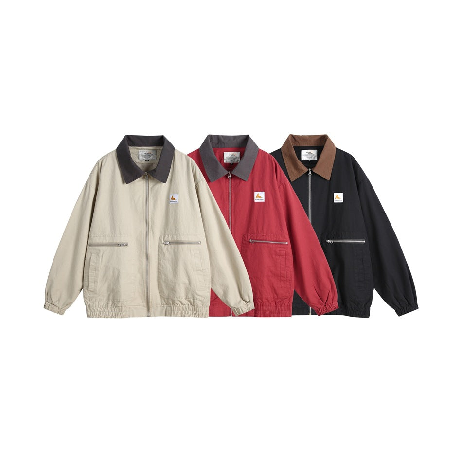 Three zip-front jackets displayed together in beige, red, and black, each with a contrasting collar and zip pockets.