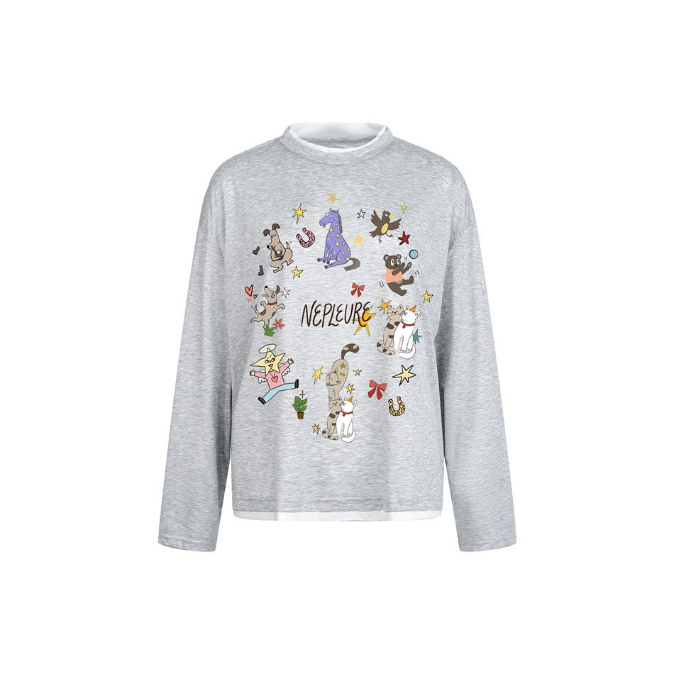 Gray long-sleeve crew-neck top with white layered trim and colorful cartoon animal and star print on front