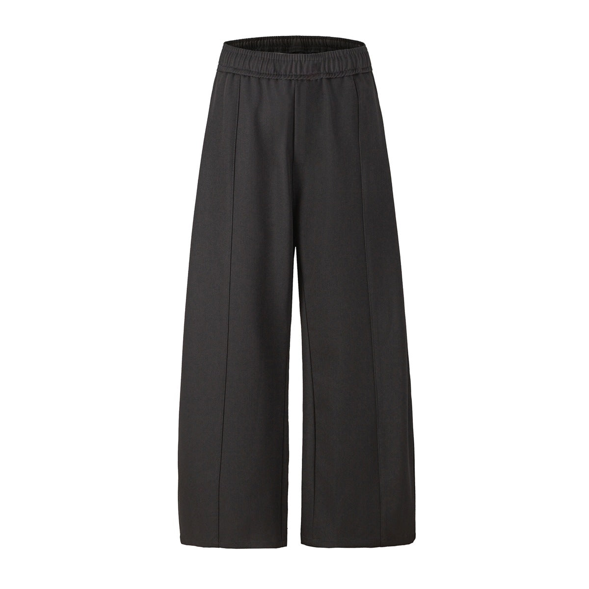 Black wide-leg trousers with elastic waistband and vertical front seams, flat lay front view