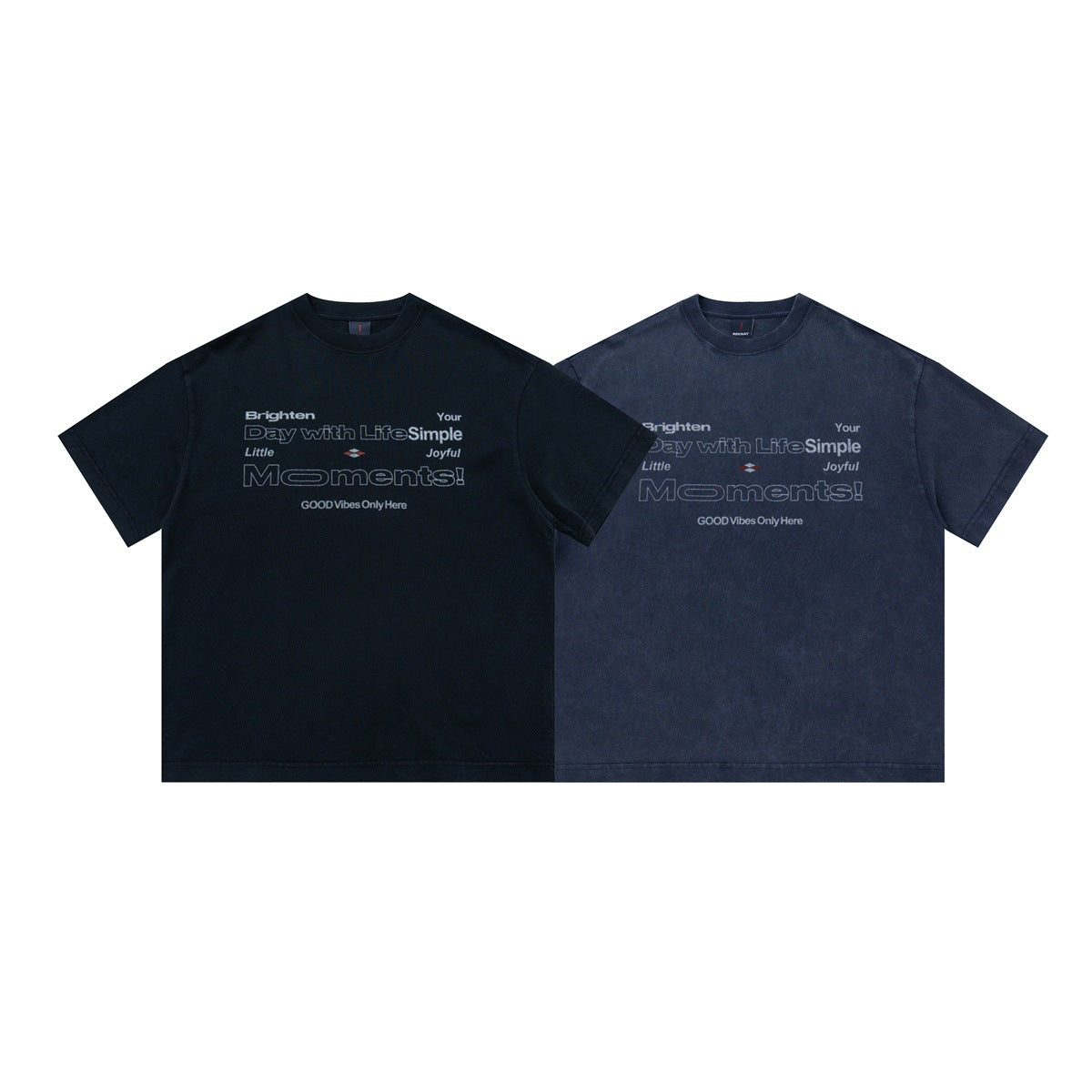Two short-sleeve graphic T-shirts shown from the front in black and washed navy.