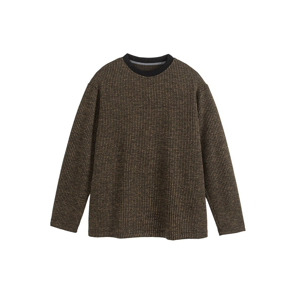 Brown-olive ribbed knit crew-neck long-sleeve top with black ribbed collar, flat front view