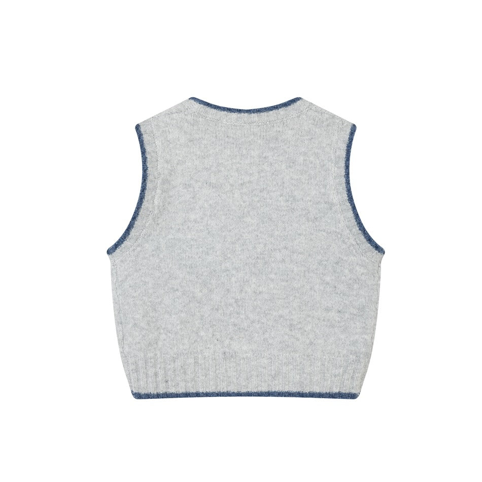 Back view of light gray sleeveless knit vest with blue trim at neckline, armholes and ribbed hem