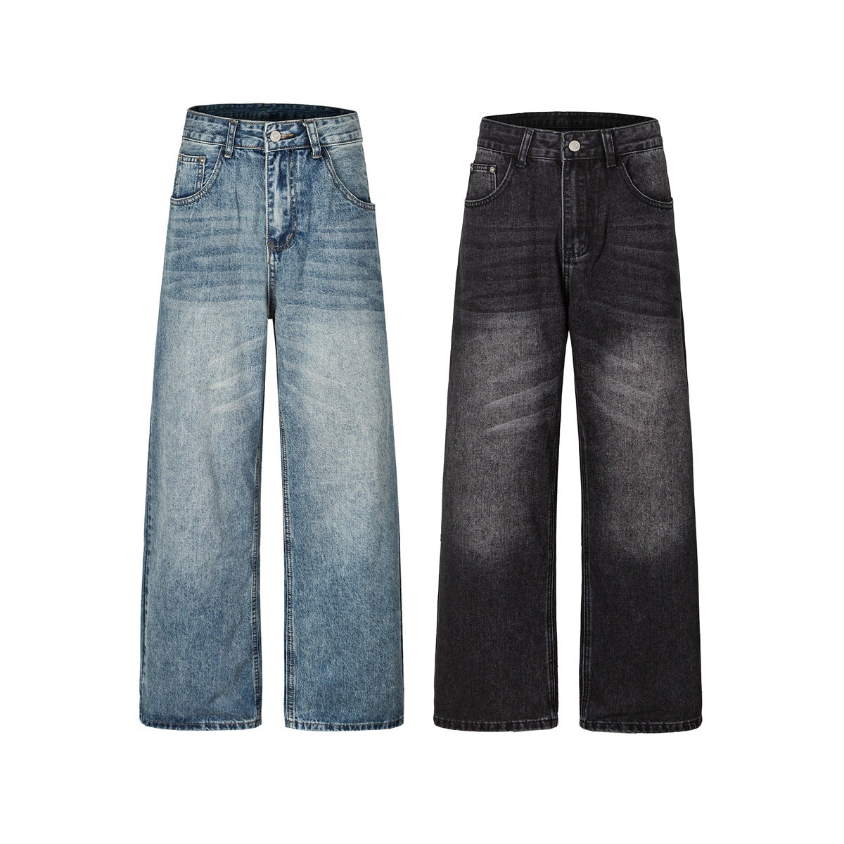 Two pairs of wide-leg jeans shown from the front: faded light blue and washed black.
