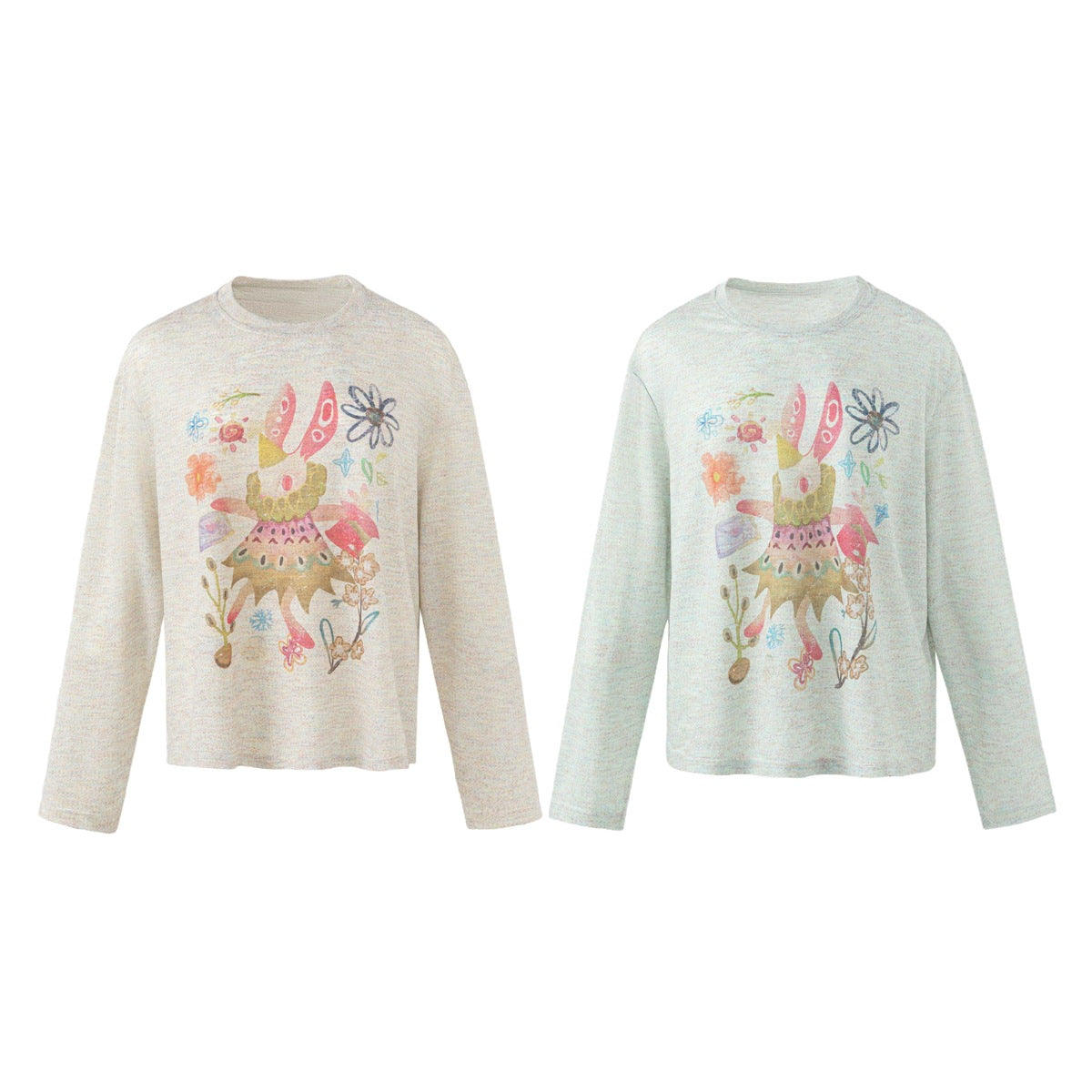 Two long-sleeve tops with a colorful illustrated front graphic, shown in cream and pale mint.