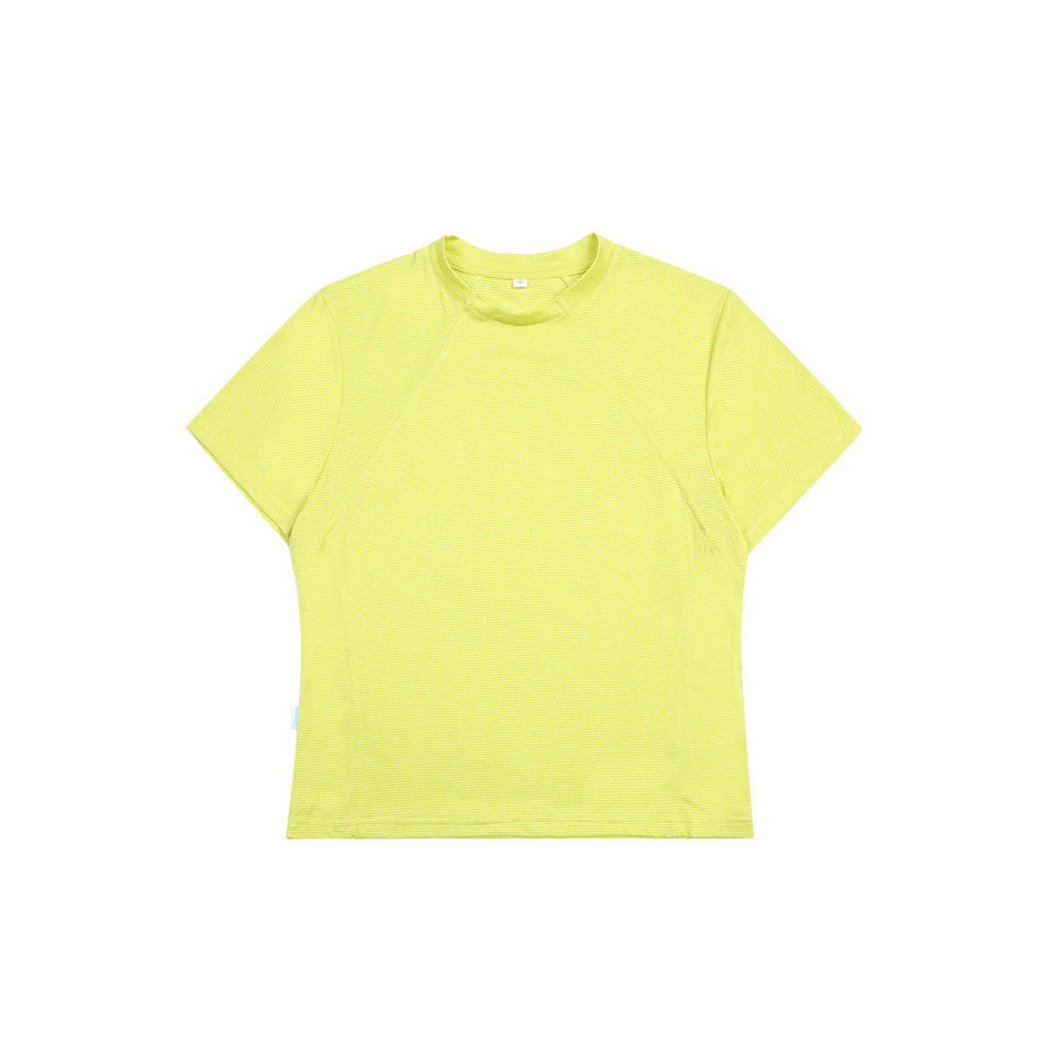 Lime yellow short-sleeve crew-neck T-shirt with raglan seams and fine ribbed texture, flat lay
