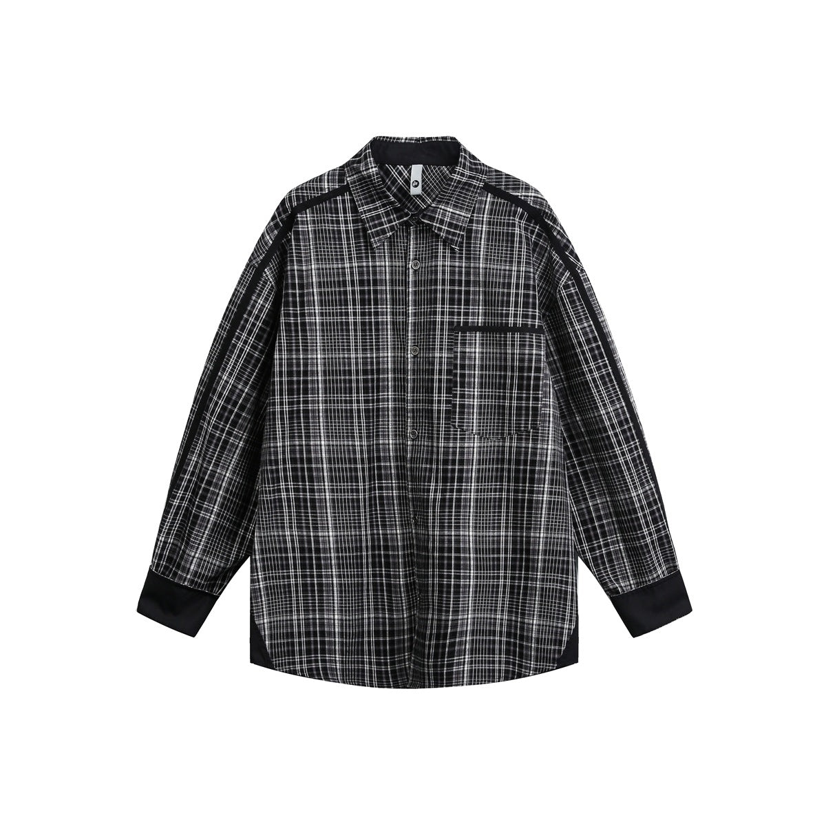 Front view of a long-sleeved black-and-white plaid button-up shirt with a chest pocket, black trim, and cuffs.