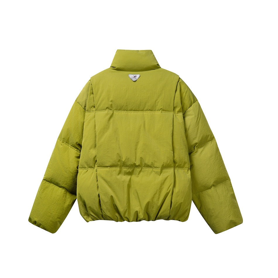 Back view of a lime-green puffer jacket with a high collar and horizontal quilted panels, shown flat against white.