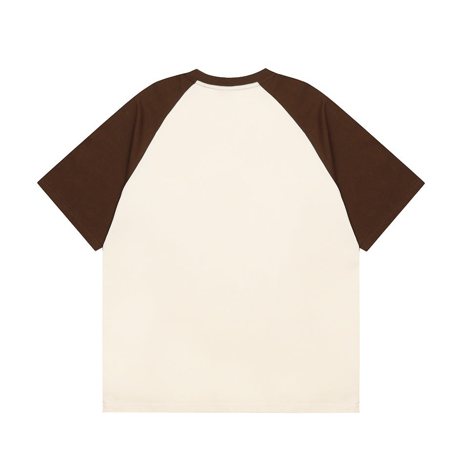 Blank cream T-shirt with dark brown raglan short sleeves, shown flat against a white background.