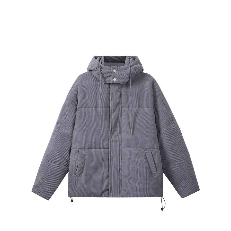 Dark slate gray hooded corduroy-look puffer jacket, front view on white background, with snap collar and hem drawstrings