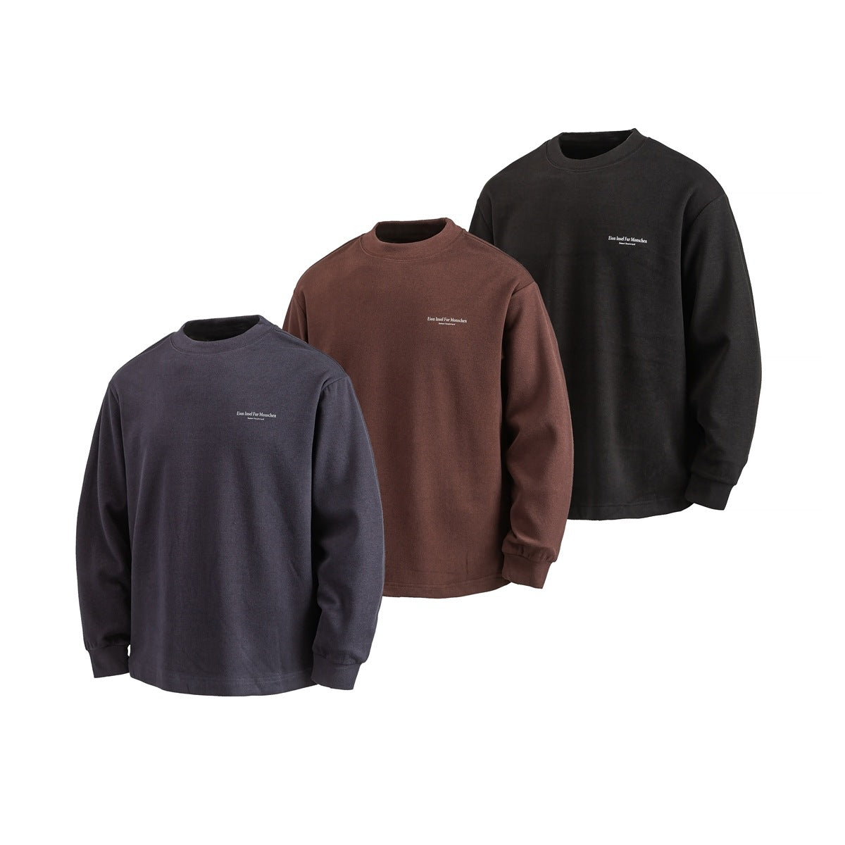 Three long-sleeve crewneck tops in charcoal, brown, and black, each with small white chest text.