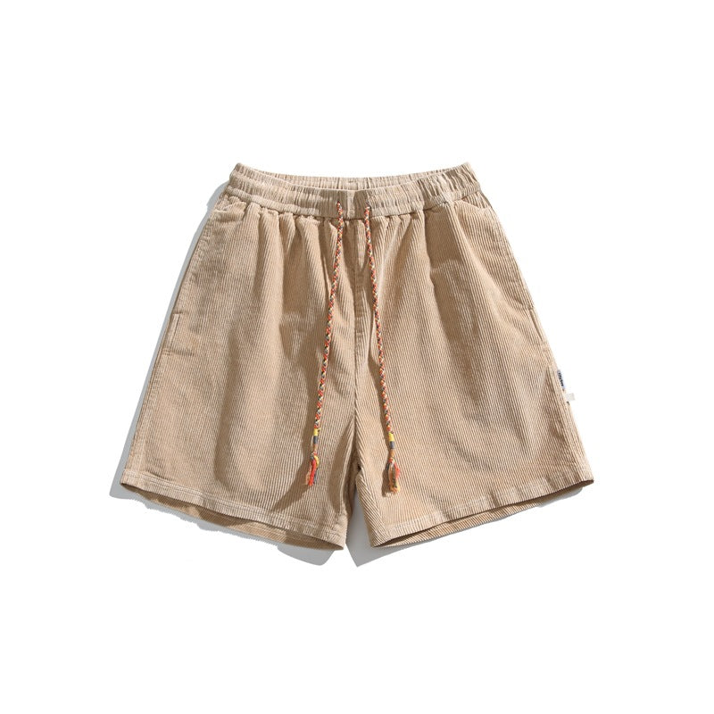 Sand corduroy shorts with elastic waist and braided multicolor drawcord, front flat lay