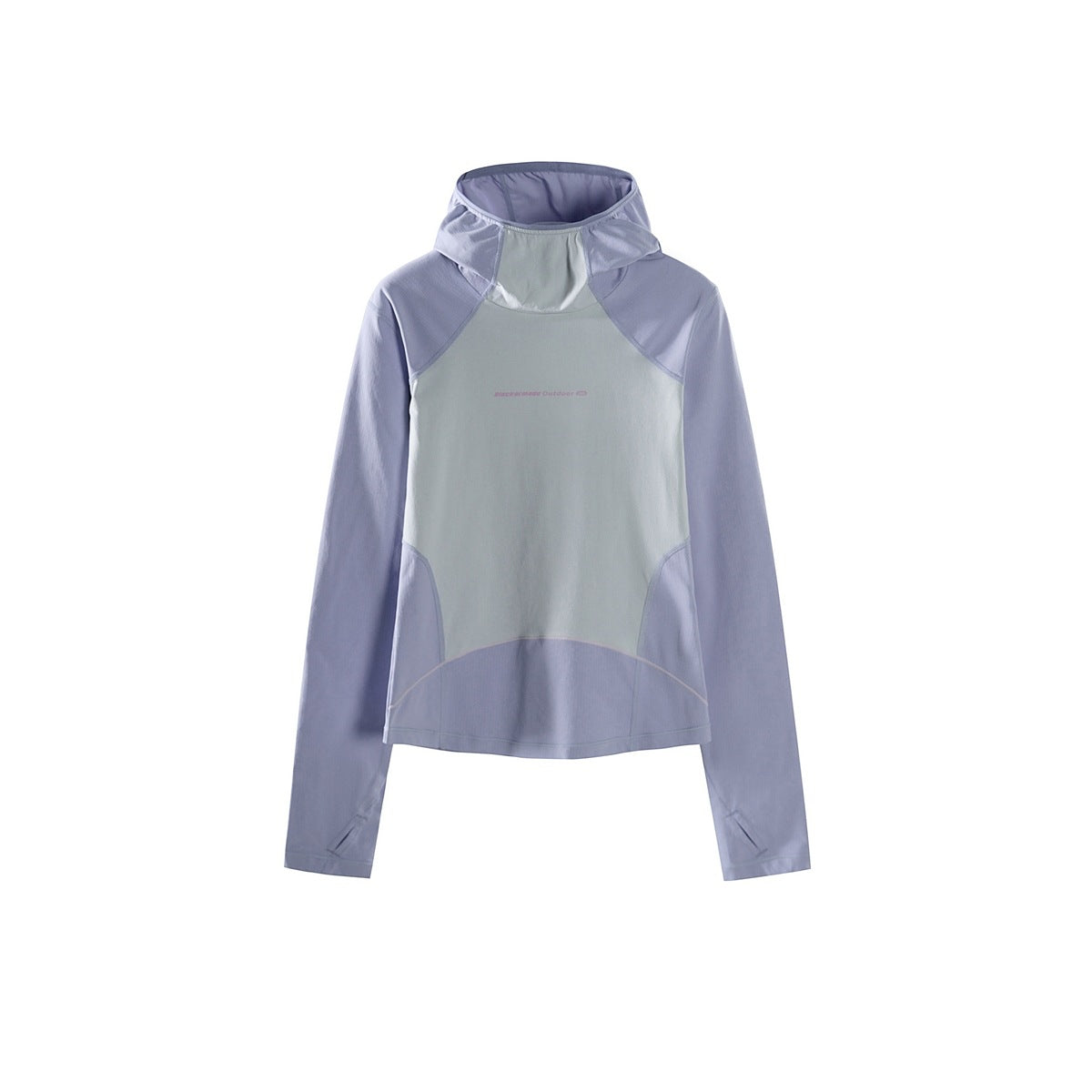 Periwinkle and pale gray-green color-block hooded long-sleeve top, flat front view with thumbholes