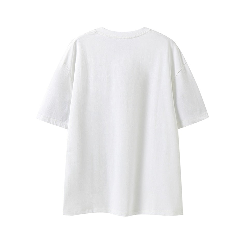 Back view of a plain white short-sleeve crew-neck T-shirt laid flat.