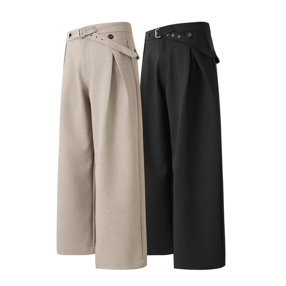 Front views of wide-leg trousers in taupe and black, each with a buckled waist belt.