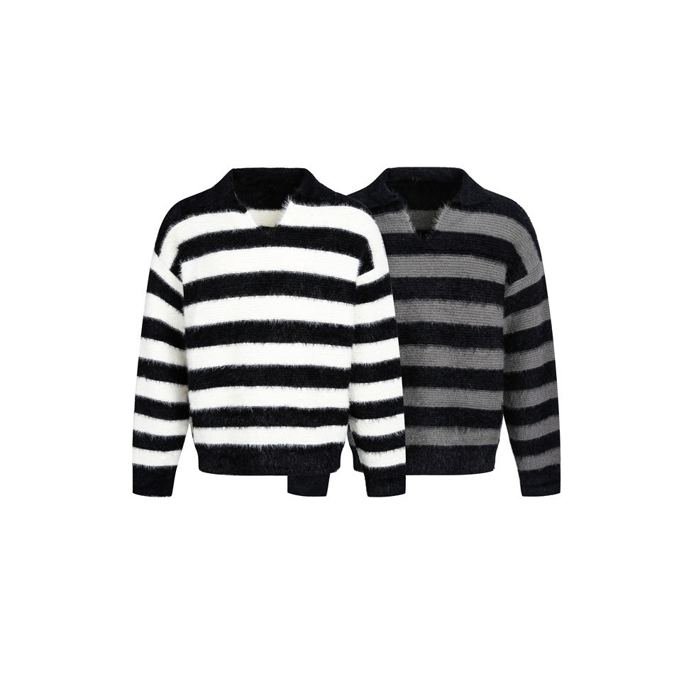 Two striped fuzzy knit sweaters shown together: one black and ivory, one black and gray.