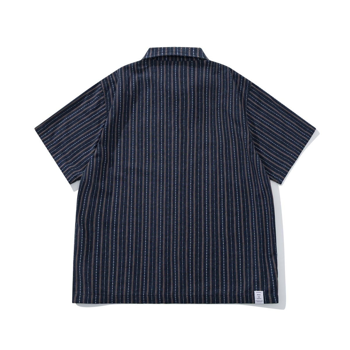 Back view of a navy short-sleeve button-up shirt with narrow contrasting patterned vertical stripes.