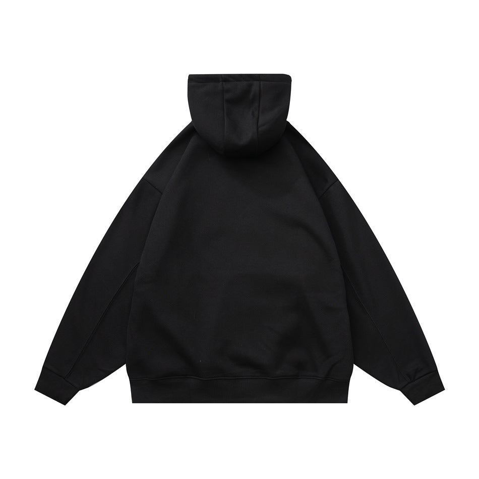 Back view of black hooded sweatshirt with plain back, seamed sleeves and ribbed cuffs and hem
