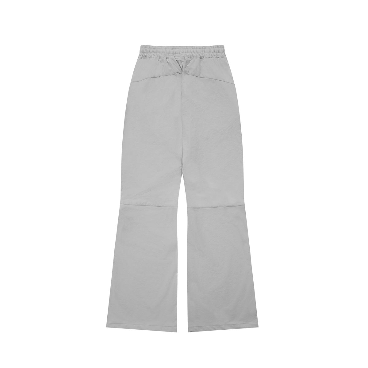 Light gray wide-leg pants shown from the back, with an elastic waistband and lower-leg panel seams.