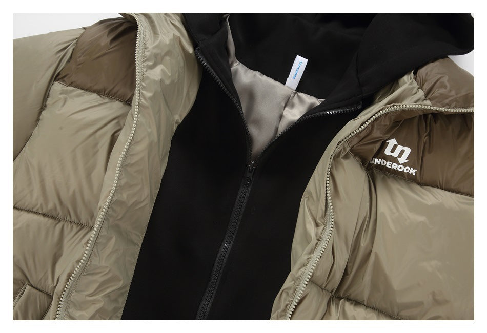 Open taupe puffer jacket showing its black inner layer, zipper, and printed logo on the lining.