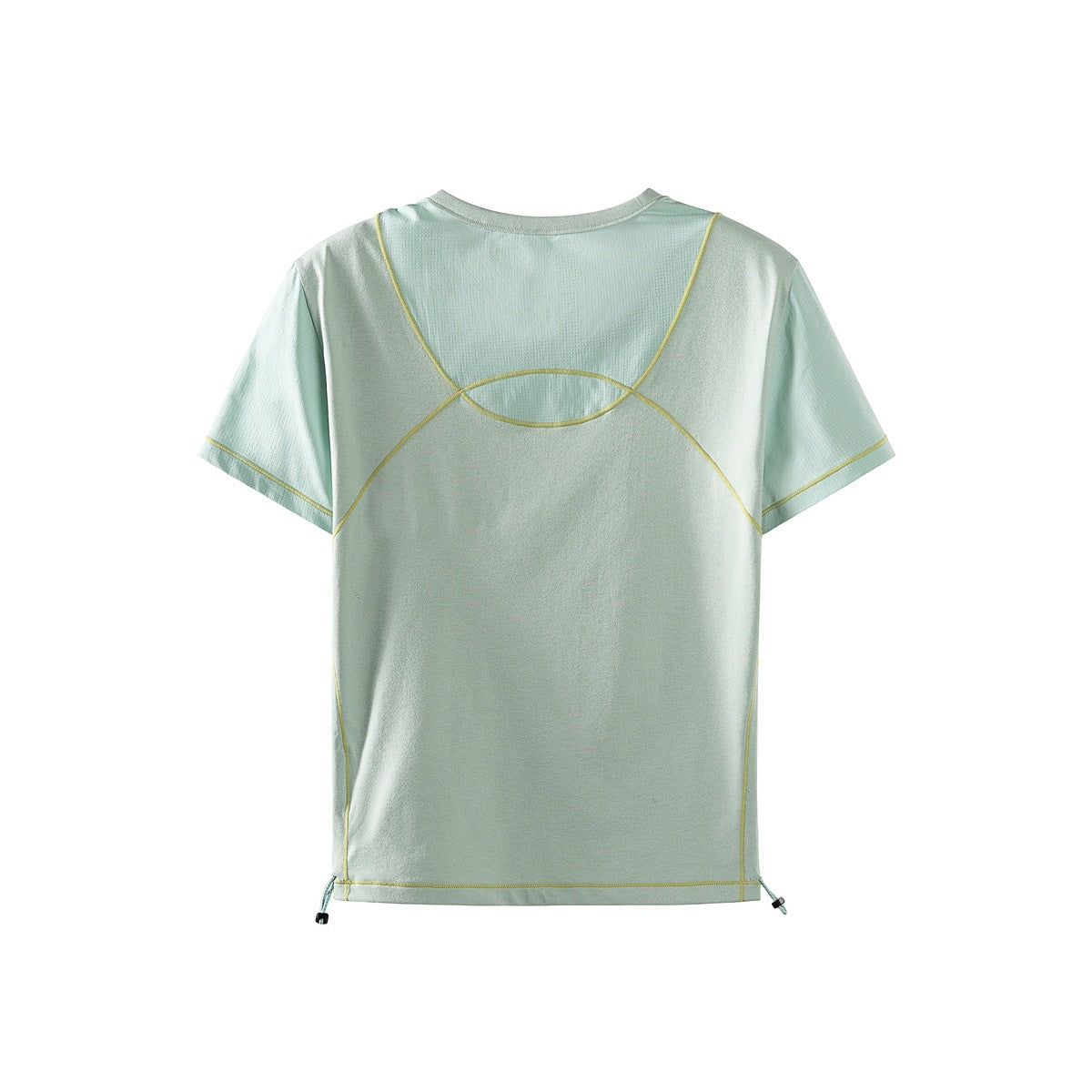 Back of a pale mint short-sleeve shirt with yellow contrast piping and adjustable hem cords.
