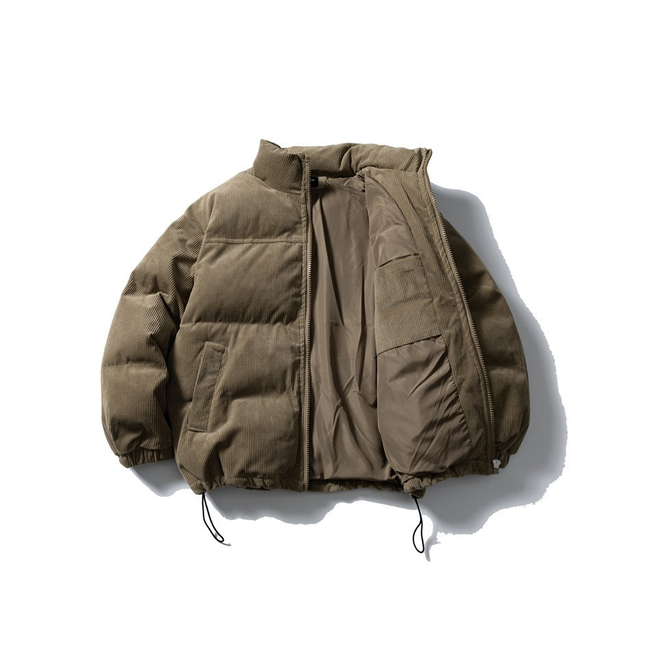 Olive-brown padded jacket shown open, revealing its lining, inner pocket and front zip.