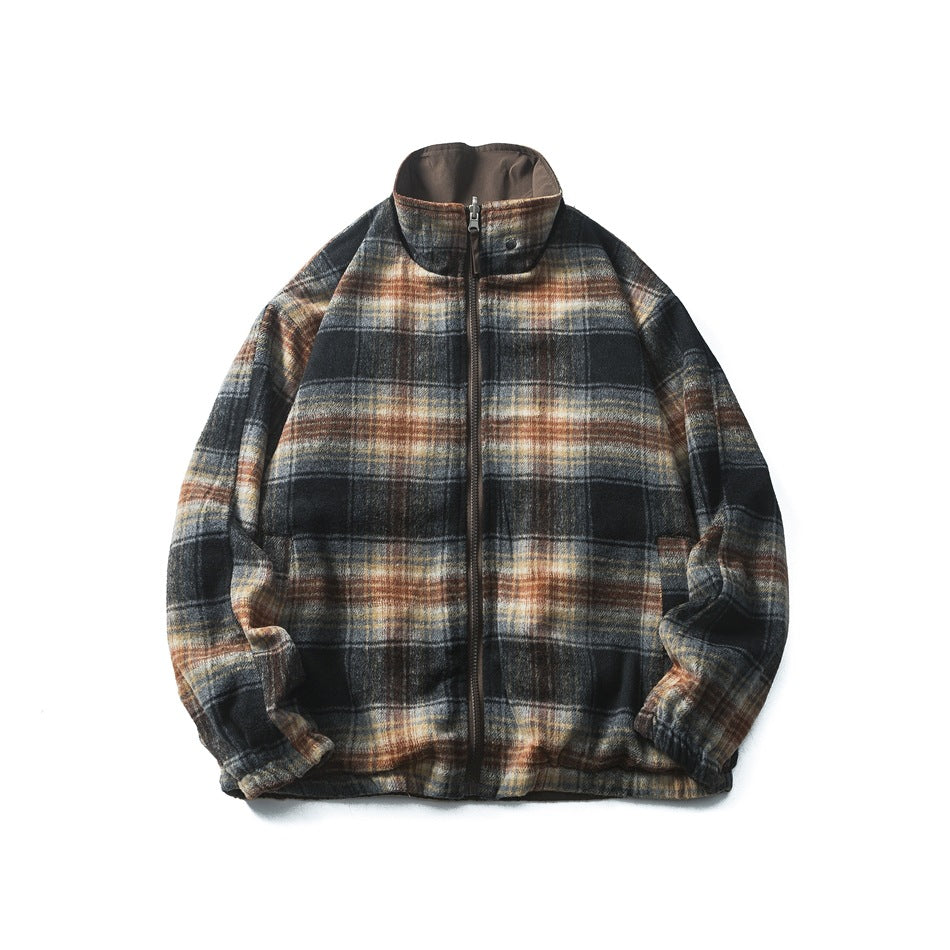 Front view of a plaid zip jacket laid flat, with a stand collar and brown inner collar facing.