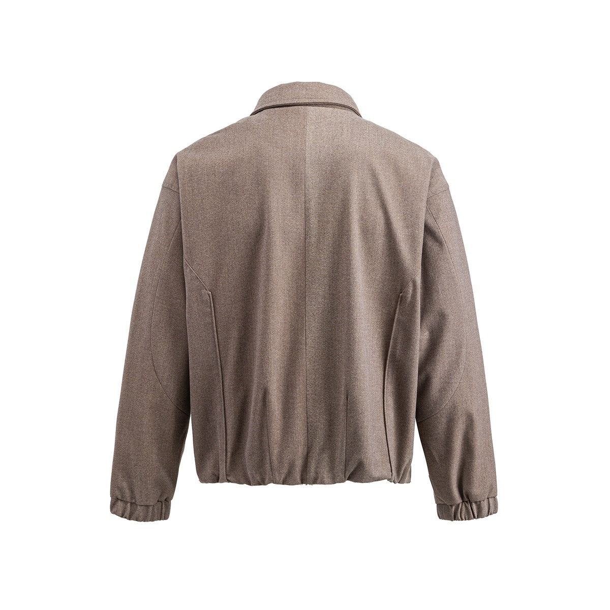 Back view of a taupe-brown jacket with a collar, center seam, and gathered cuffs and hem.