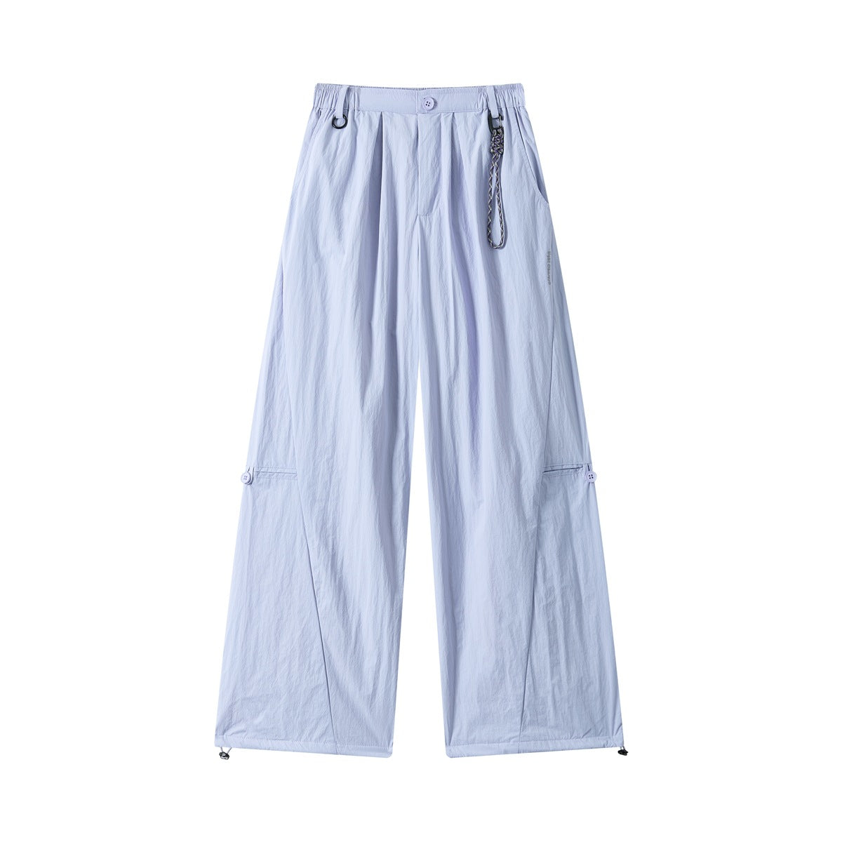 Light purple wide-leg pants, front view, with elastic waist, pleats, D-ring cord accent and drawcord hems