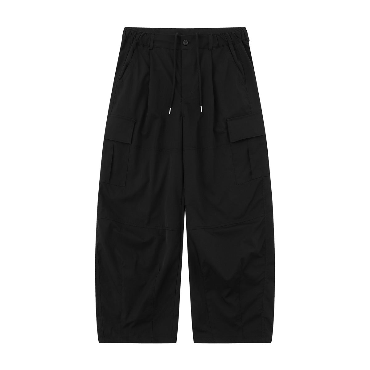 Black wide-leg cargo pants with drawstring waistband, flap cargo pockets and knee seams, flat lay front view